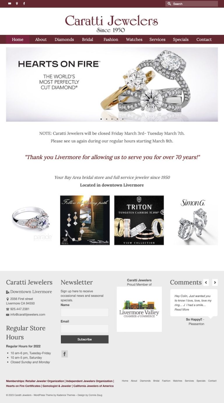 Image of Caratti Jewelers webpage